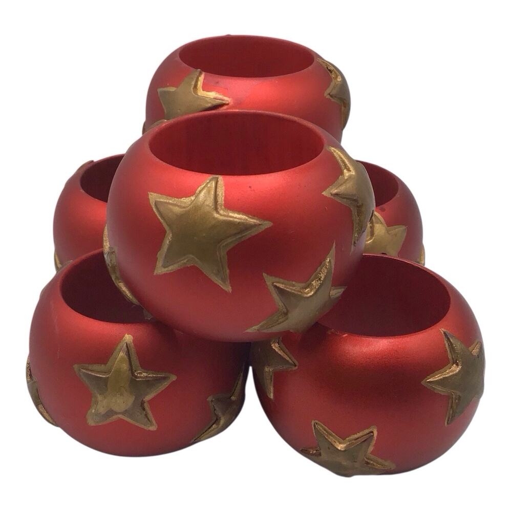 VTG Wooden Napkin Ring Holders Red Gold Star Christmas Set of 6 Holiday